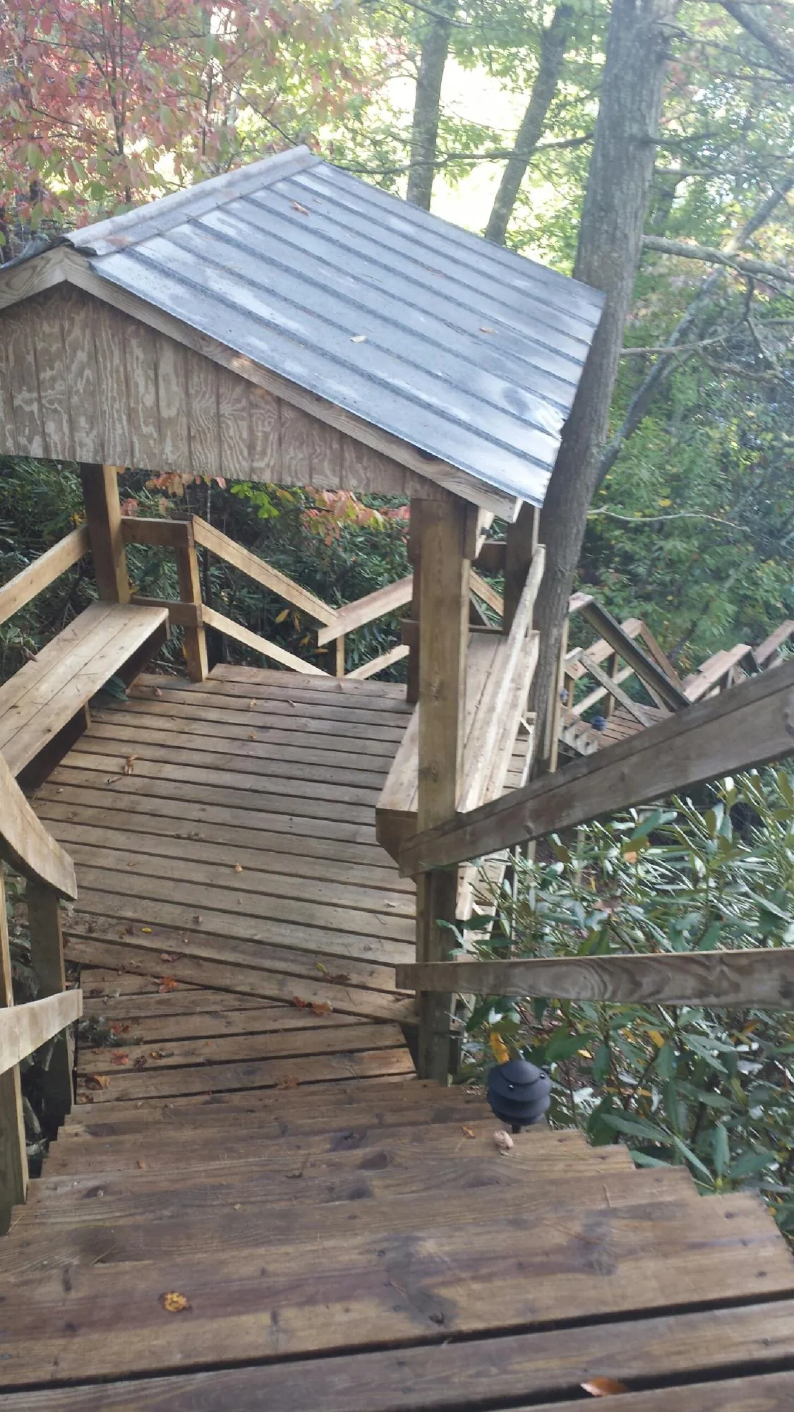 Metal roofed shelter over wooden steps on a wooded walkway — Skylight Repair & Installation work by our crew in Manning